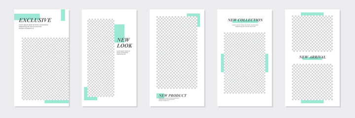 Set of rectangle editable minimal layout social media stories template pastel green color for personal or business. Use this layout for web, banner, poster, shop, discount, sale, promotional product.