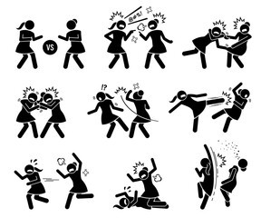 Girls fighting in a cat fight stick figure. Vector illustrations of woman or female arguing, punching, kicking, and slapping in catfight.