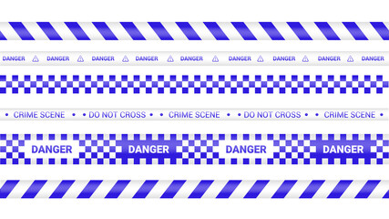 Police tape, crime danger line. Barricade police lines isolated. Warning and barricade tapes. Set of blue warning ribbons. Vector illustration.