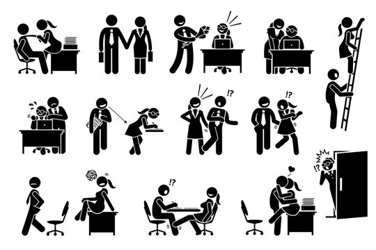 Office love affair and flirting relationship between co workers. Vector illustration of company employee seducing other colleague and sexual harassment in workplace.