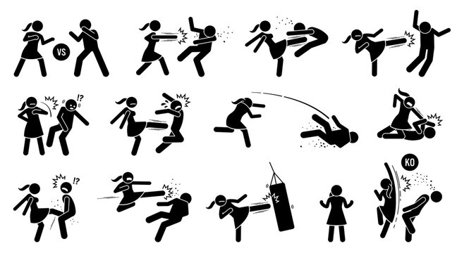 Woman beating man stick figure sign and symbols. Vector illustration of female versus male fighting by punching, kicking, slapping, throwing, and uppercut. The girl is strong and winning the fight.