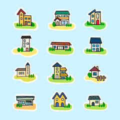 手描き線画の家のイラストセット白フチ