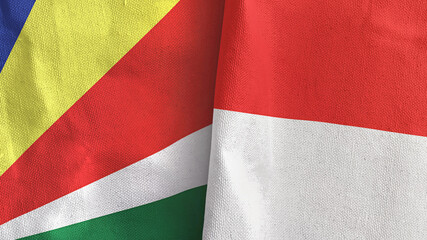 Indonesia and Seychelles two flags textile cloth 3D rendering