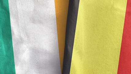 Belgium and Ireland two flags textile cloth 3D rendering