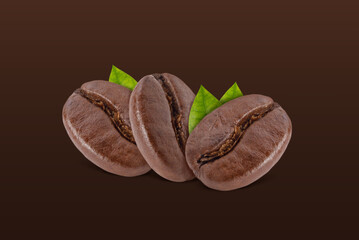 Roasted coffee beans with coffee leaves studio shot on brown background, Healthy products by organic natural ingredients concept