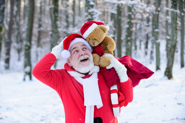 Santa Claus with teddy bear walk in the winter mountains snow in Christmas.