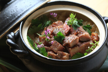 Japanese Style Wagyu Gyudon Beef, Literally Beef Bowl closeup Gyudon is a Japanese dish consisting of a bowl of rice topped with beef and onion simmered in a mildly sweet sauce.