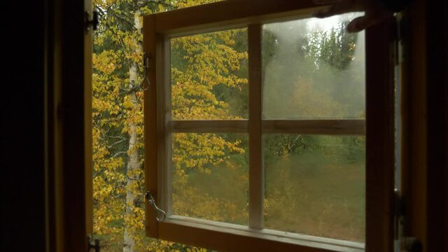 Wide push in dolly shot of misted glass window in a mysterious dark room, slowly opening revealing a beautiful golden forest in the middle of autumn