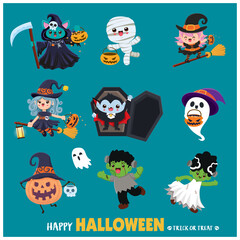 Vintage Halloween poster design with vector mummy, witch, bat, reaper, vampire, mummy, ghost character. 