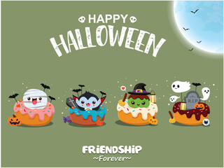 Vintage Halloween poster design with vector vampire, witch, mummy, ghost, cupcake character. 