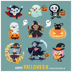 Vintage Halloween poster design with vector mummy, witch, bat, reaper, vampire, mummy, ghost character. 