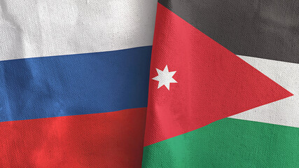 Jordan and Russia two flags textile cloth 3D rendering