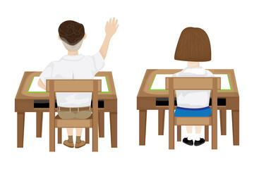 boy and girl students sitting on table vector design