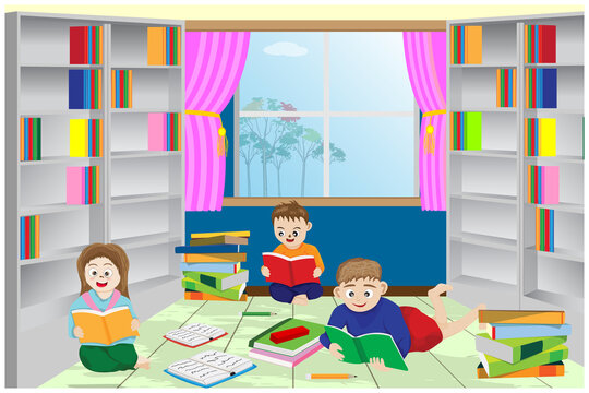 Children are reading in library room vector design