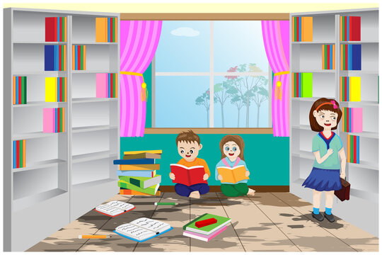 Children are reading in library room vector design
