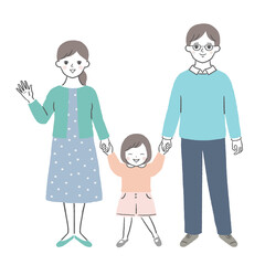 笑顔で手を繋ぐ3人家族