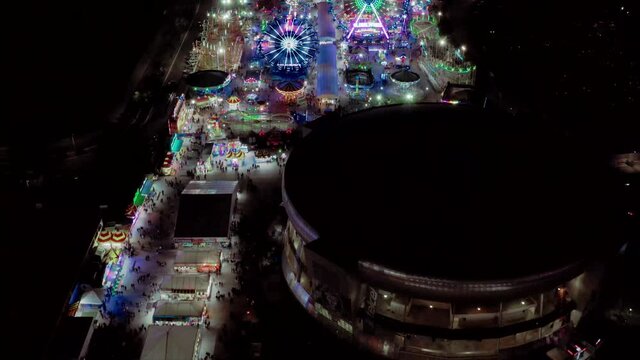 Aerial night shot of the fairgrounds at the "Feria de León" in León, Guanajuato, México