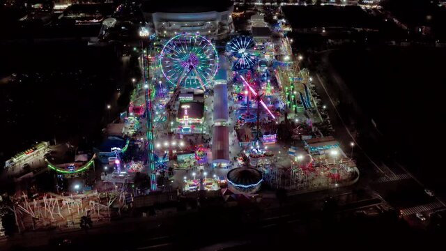 Drone night shot of the fairgrounds at the "Feria de León" in León, Guanajuato, México
