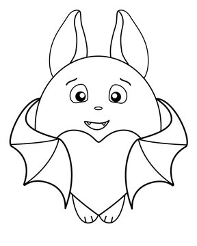 Cute fat bat hugs a heart - vector linear illustration for coloring. Outline. Bat in love - children's picture for coloring book for Valentine's Day.