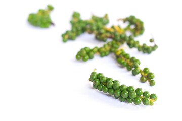 The fresh green peppercorns  on white background.