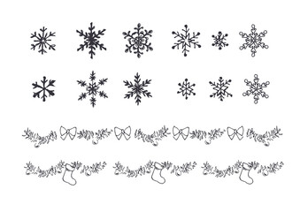 手書きイラスト　雪の結晶セットとクリスマス飾り