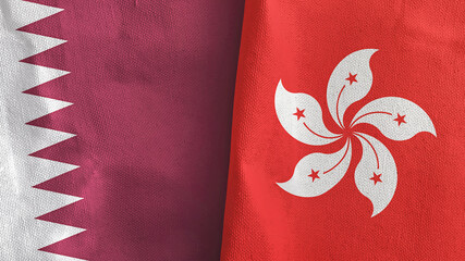 Hong Kong and Qatar two flags textile cloth 3D rendering