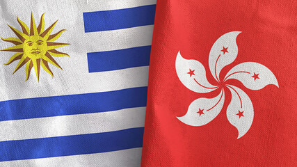 Hong Kong and Uruguay two flags textile cloth 3D rendering