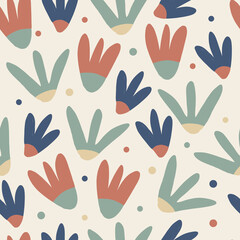 seamless scandinavian style pattern background with cute hand draw multicolur flower with doodle polka dot