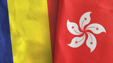 Hong Kong and Chad two flags textile cloth 3D rendering