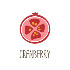 Cute caption cut in half cranberry isolated on white background. Colorful pictogram original design. Can be used for infographics, identity or decoration. Vector shabby hand drawn illustration