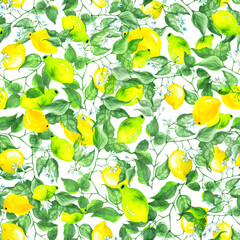 Vintage seamless watercolor pattern - hand drawing threads of lemon, lime  with leaves. Trendy pattern. Painting
Citrus fruits. The picture is yellow and green. Branch with citrus fruit.