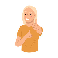 Young woman showing thumbs up,like. Blonde hair,yellow t-shirt. Vector hand drawn illustratrion. Cartoon style,flat design.