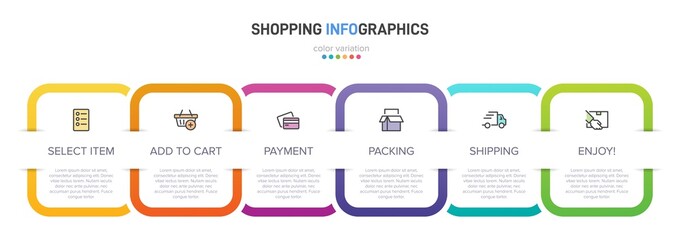 Concept of shopping process with 6 successive steps. Six colorful graphic elements. Timeline design for brochure, presentation, web site. Infographic design layout.