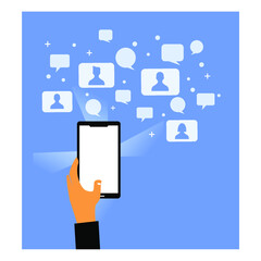 hand holding smartphone and a person icon inside some white bubble