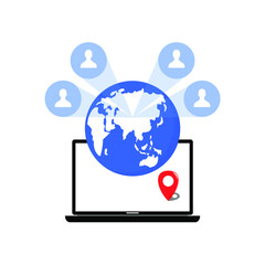 laptop, earth, navigation icon and some people icon in blue circle