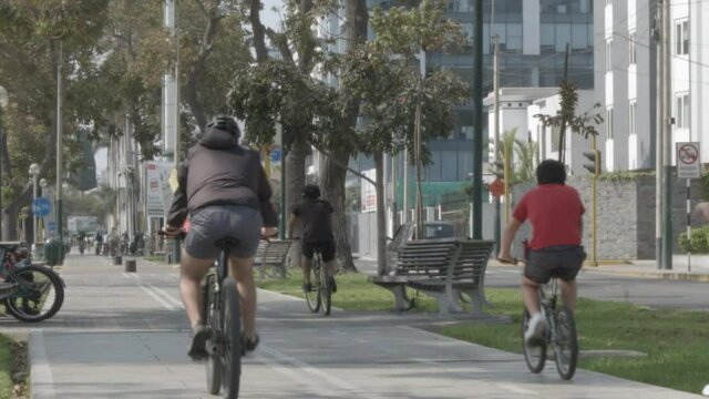 Gruop of cyclists riding on a bikeway with trees in Lima, Peru
