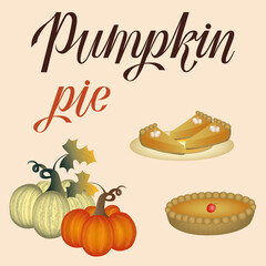Thanksgiving flat art with hand lettering, pumpkins, pumpkin pie and pumpkin pie slices on a plate in bright warm cozy Autumn Colors. Thanksgiving season greetings. Greeting card. Thanksgiving symbols