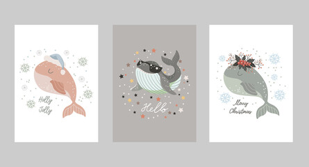 Set of Isolated christmas cards with baby whale in santa hat, in wreath of winter bouquet and with dark glasses. Vector illustration © kupalina
