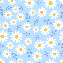 Obraz premium Seamless pattern with daisy flower on blue background vector.