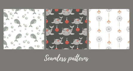 Set of christmas seamless patterns with baby whale . Vector illustration