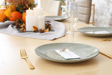 Beautiful table setting for Thanksgiving Day celebration in dining room