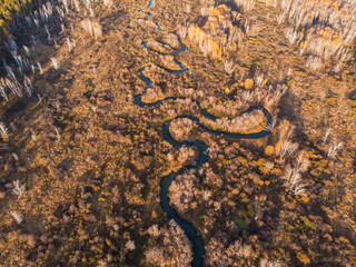 Aerial drone view of autumn landscape with river.