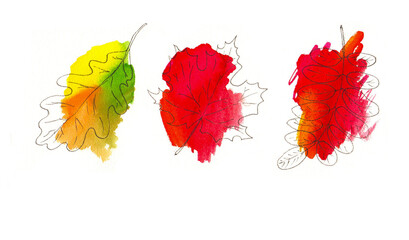Red and yellow splashes on white. Watercolor texture. Leaves. Autumn. Decoration. Halloween.