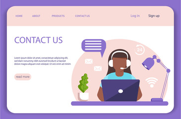 Customer service landing page. Concept illustration for support, assistance, call center. A dark skinned woman with headphones and microphone with laptop.