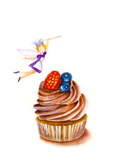 Watercolor art. Birthday cake with berry. Magic fairy tinker bell. Chocolate. Food art. Picture for invitation baby shower.