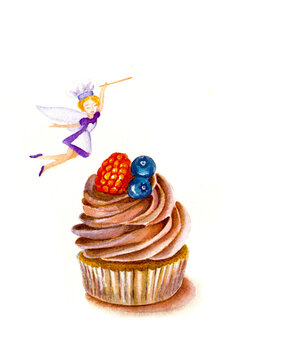 Watercolor Art. Birthday Cake With Berry. Magic Fairy Tinker Bell. Chocolate. Food Art. Picture For Invitation Baby Shower.