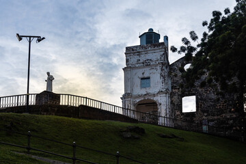 Fototapeta na wymiar Silhouette rendition of Portuguese historic ruins of Saint Paul Church with Saint Francis Xavior statue is Malacca popular tourist destination. No people.