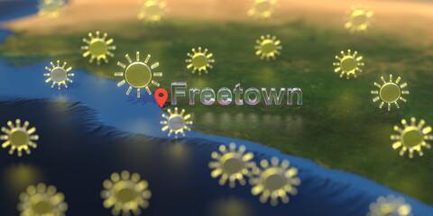 Sunny weather icons near Freetown city on the map, weather forecast related 3D rendering