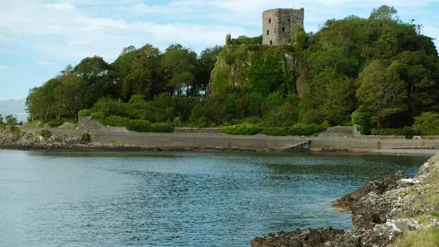 Wide view of Dunollie Castle, a small ruined castle located in Oban, on the west coast of Scotland, UK, dating back to 714 AD