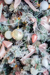 Christmas tree decoration close-up. Christmas tree decor elements. Background for postcards